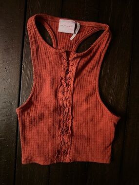 Rust Knit Lace-Up Top Cottagecore Boho Ribbed Sweater Top